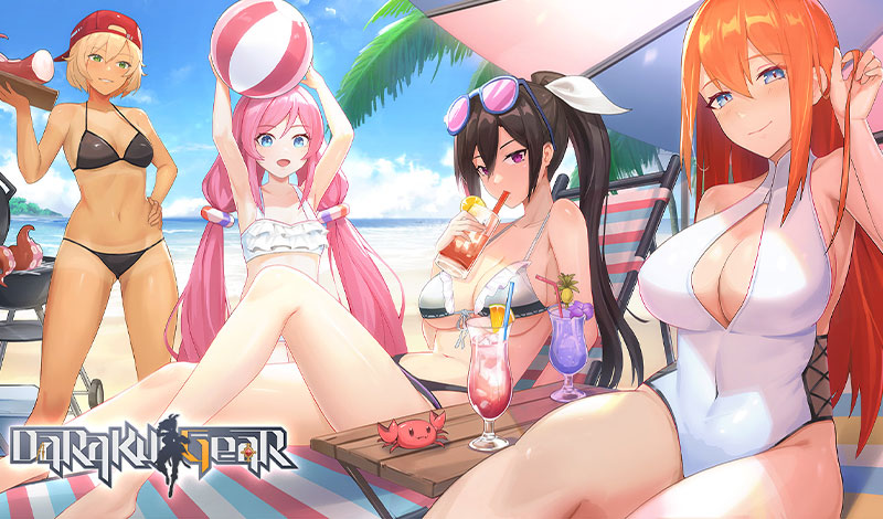 Anime girls at the beach, featuring characters from Daraku Gear