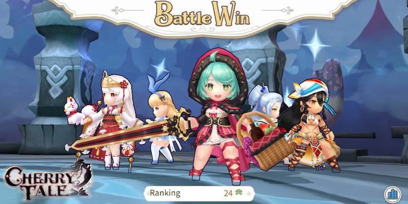 Image showing multiple characters and the winning screen display when a battle is one in Cherry Tale