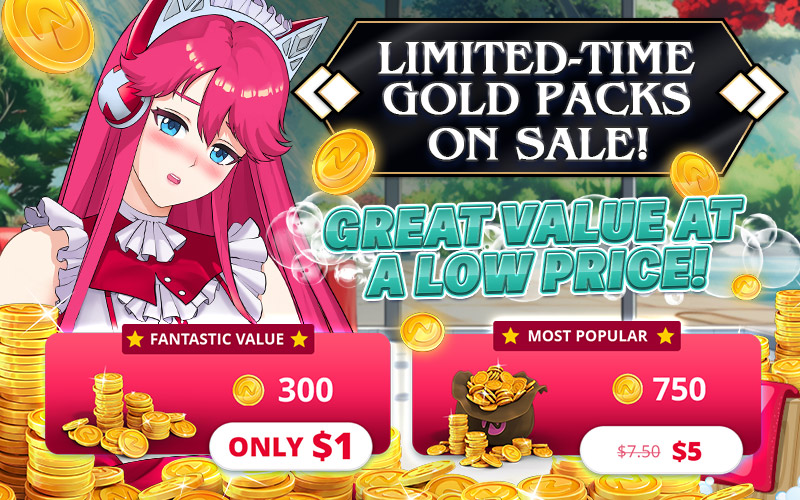 Imagen que muestra los increíbles paquetes de oro especiales que estarán disponibles para los jugadores de Nutaku durante la oferta de limpieza de primavera.