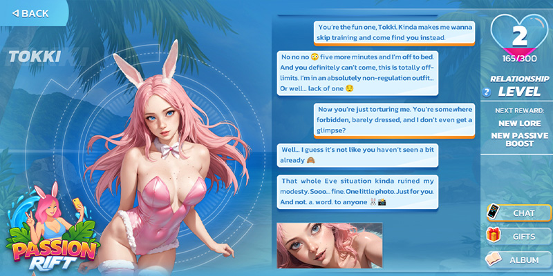 Image showing an interaction with a bunnygirl and the chat system from the game Passion Rift