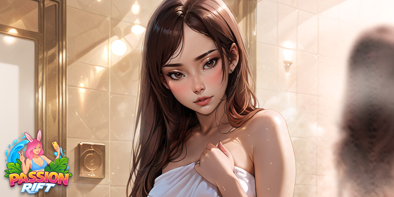 Image showing one of the adorable brunette getting out of the shower from the game Passion Rift