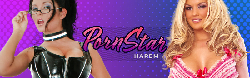 Imagen de harén de estrella porno con logo.