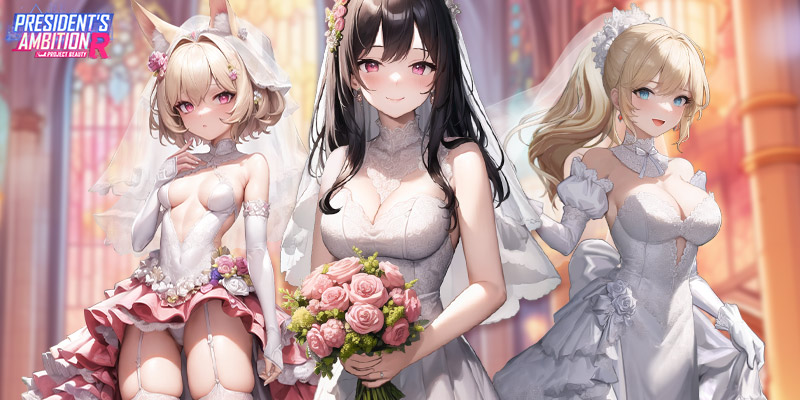 Charaktere aus dem Spiel President's Ambition R in Hochzeitskleidern